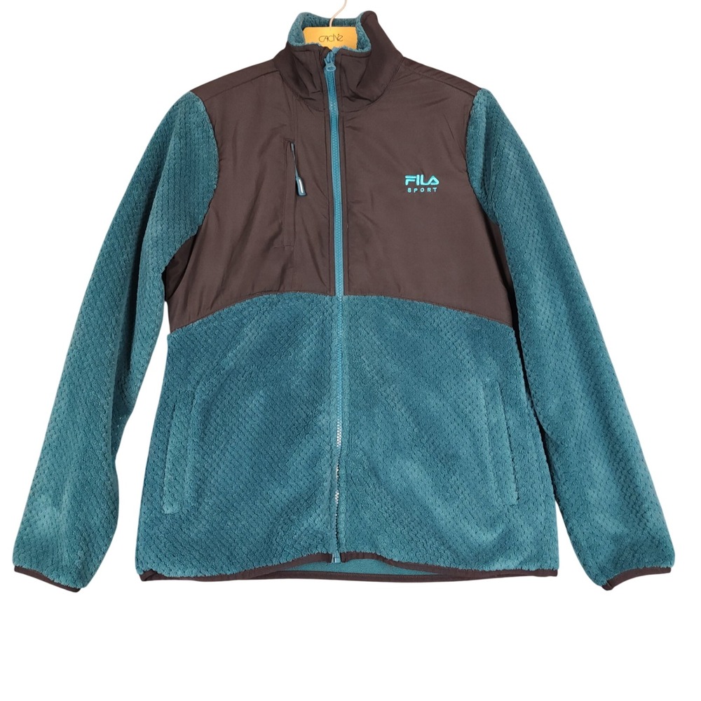Fila Sport Fleece Jacket Zip Up Brown Teal Color Block Logo Size S